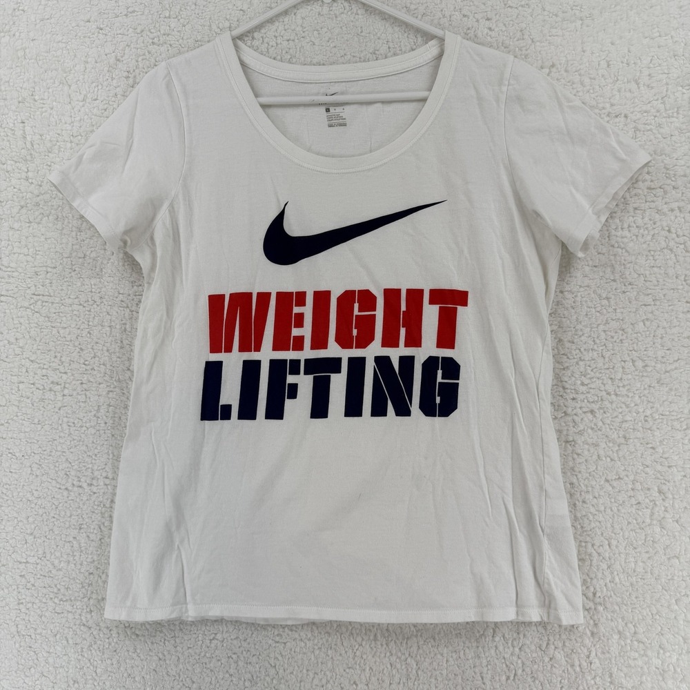 Nike Shirt Womens Large White Weight Lifting Swoosh Graphic Tee Athletic